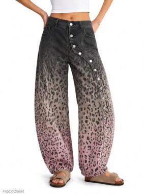 High Rise Baggy Wide Leg Jeans 100% Cotton Gradient Leopard Y2K
